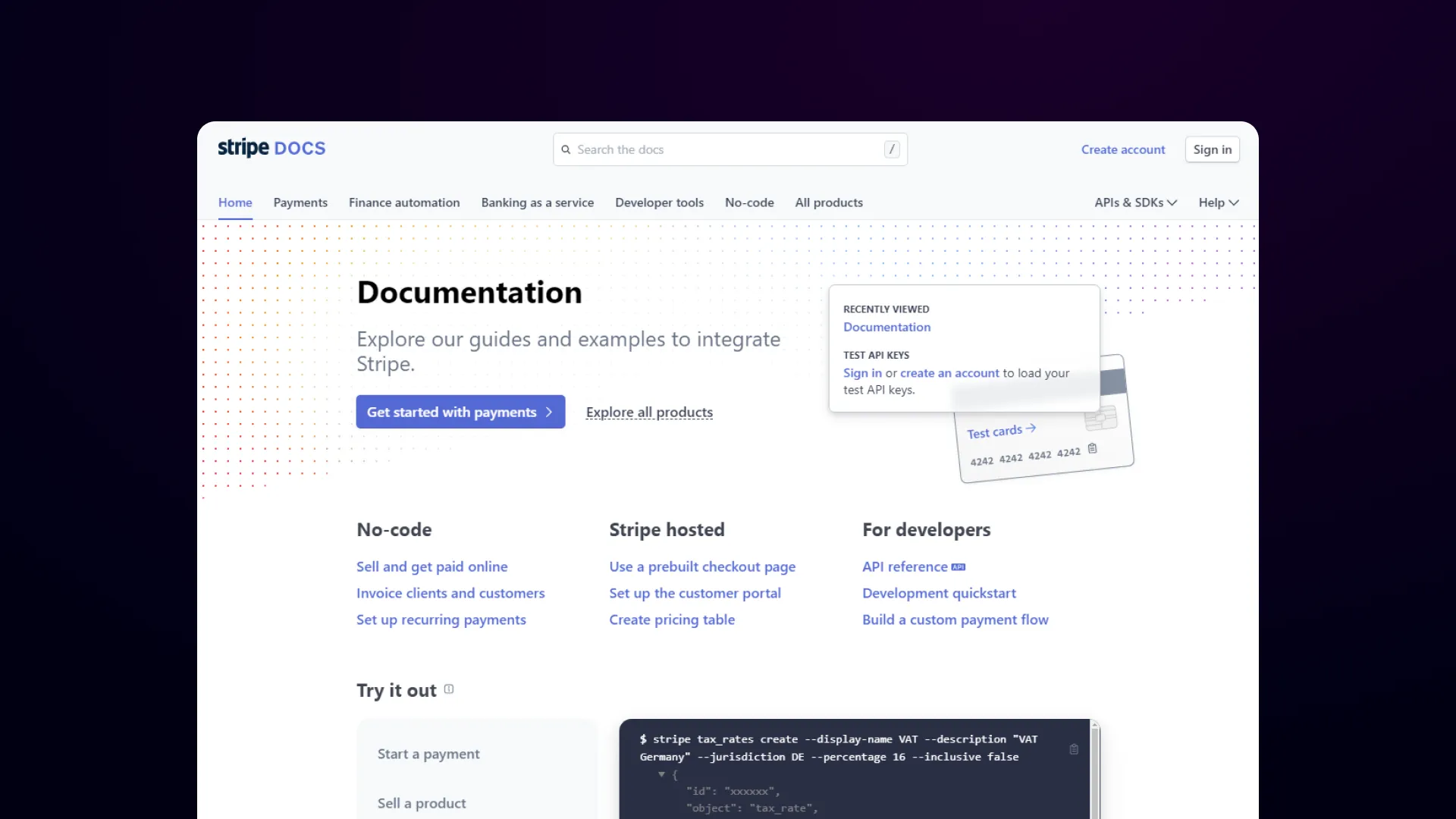 A screenshot of Stripe's famous documentation portal sitting ontop of a DocsHound stylized gradient, to reinforce the point of how DocsHound can help SaaS leaders publish